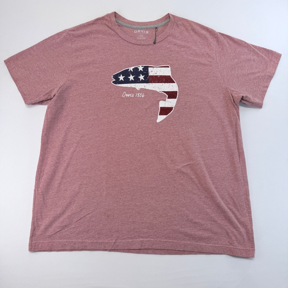 Orvis Mens XXL American Flag Fish Graphic T-Shirt Heathered Pink Short Sleeve